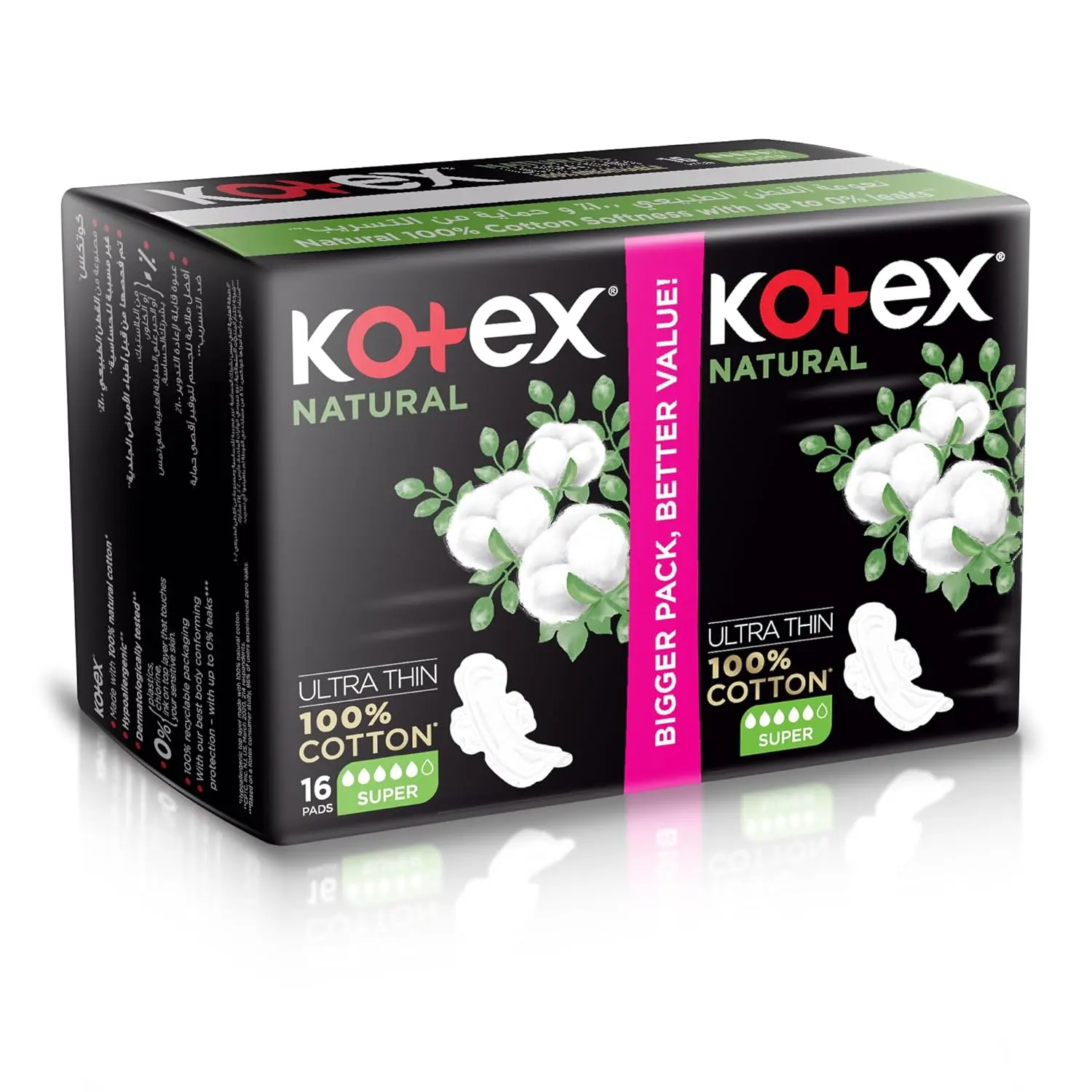 Kotex Natural Ultra Thin Pads are made with 100% cotton for natural, gentle, and efficient protection during medium to heavy flow days, offering a discreet and secure fit.