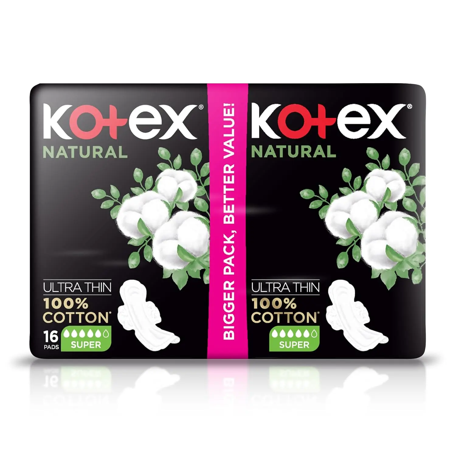 Kotex Natural Ultra Thin Pads are made with 100% cotton for natural, gentle, and efficient protection during medium to heavy flow days, offering a discreet and secure fit.
