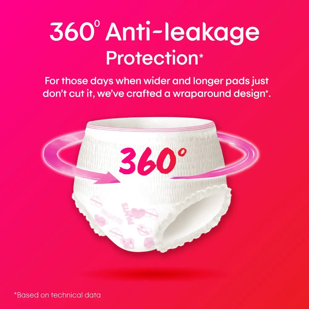Kotex overnight period panties in medium/large size provide heavy flow protection with a 360-degree anti-leakage design and airy-soft fabric, where one panty equals approximately three regular pads.
