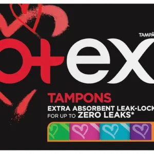 This image shows a package of Kotex Silky Cover tampons in normal size, offering convenience, confidence, improved protection against leaks, and a quick suction center.