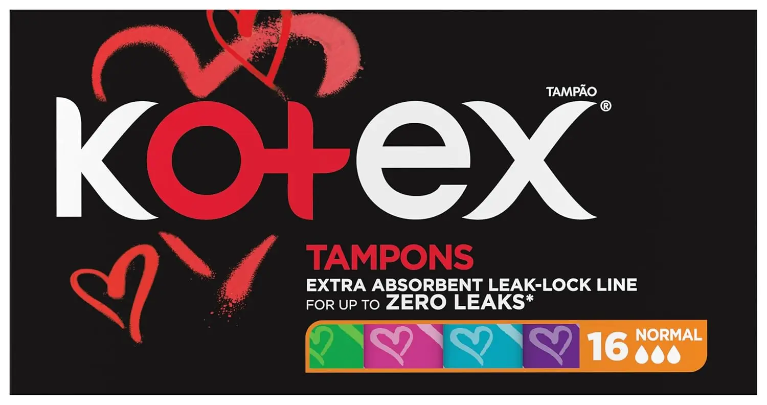 This image shows a package of Kotex Silky Cover tampons in normal size, offering convenience, confidence, improved protection against leaks, and a quick suction center.
