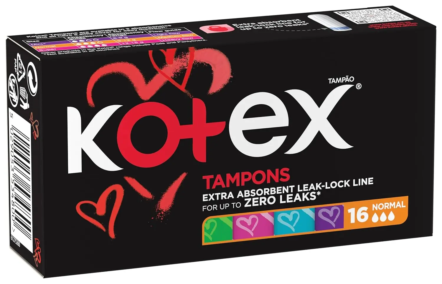 This image shows a package of Kotex Silky Cover tampons in normal size, offering convenience, confidence, improved protection against leaks, and a quick suction center.