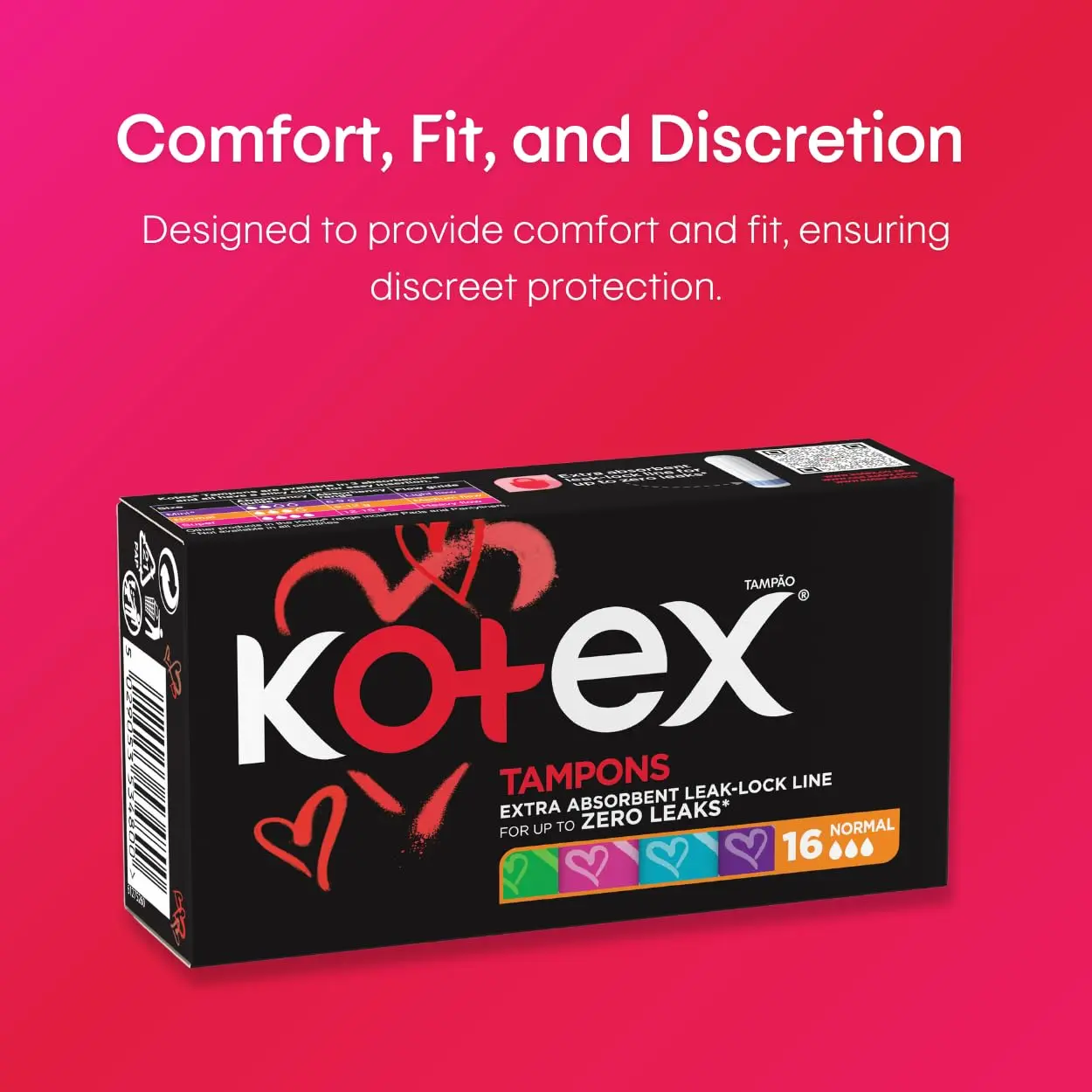 This image shows a package of Kotex Silky Cover tampons in normal size, offering convenience, confidence, improved protection against leaks, and a quick suction center.