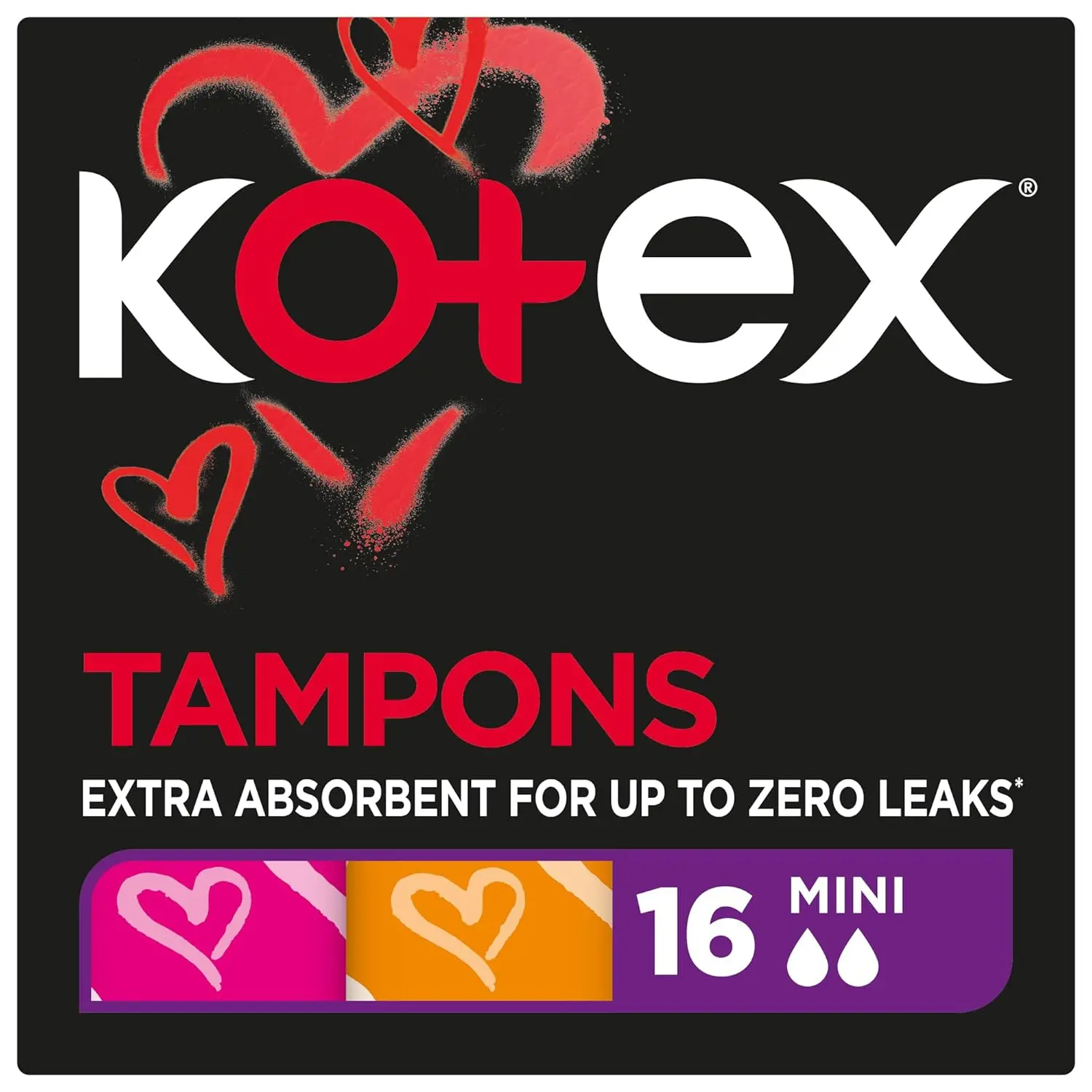 This image shows a package of Kotex Silky Cover Mini Tampons, offering convenient and reliable leak protection with a quick suction center.