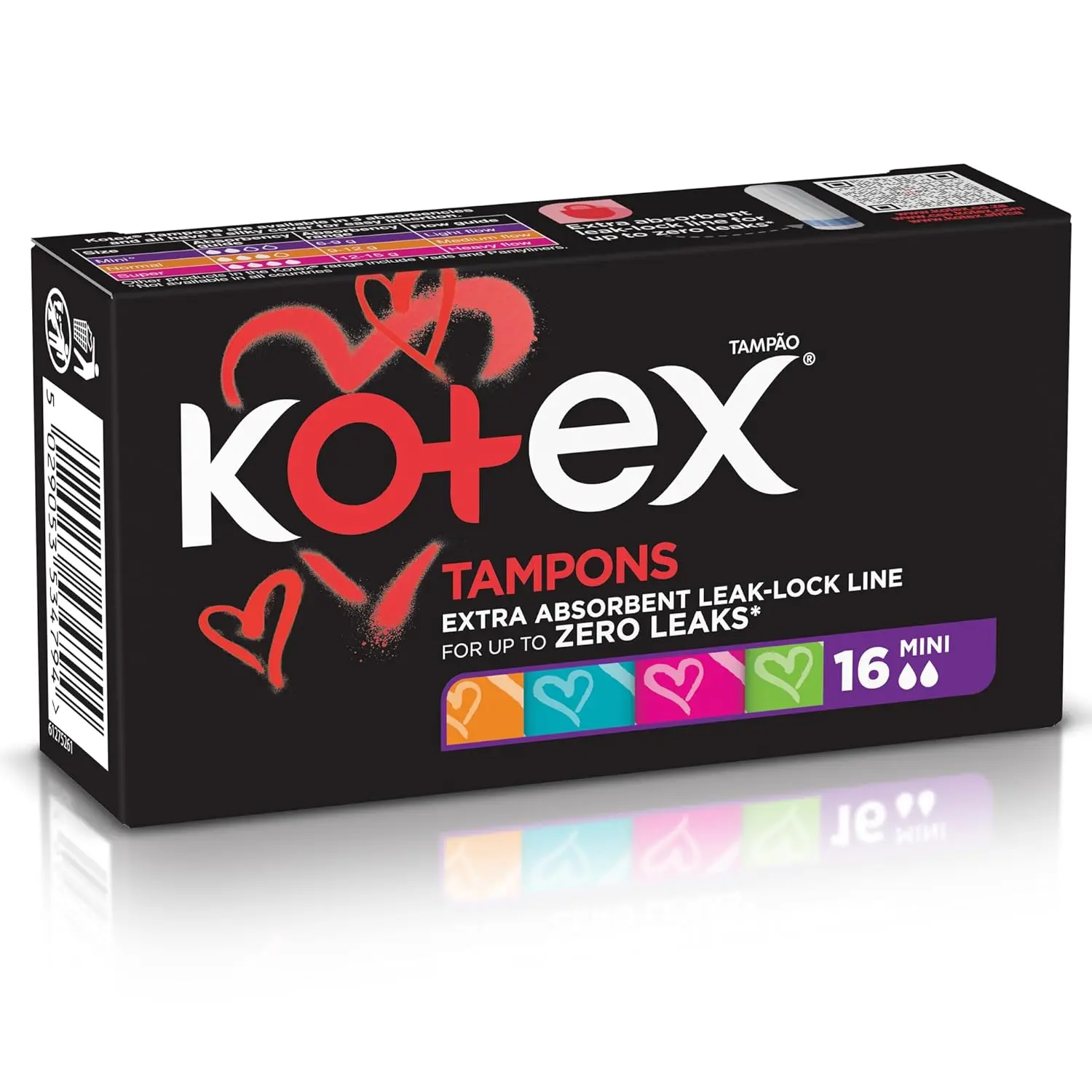 This image shows a package of Kotex Silky Cover Mini Tampons, offering convenient and reliable leak protection with a quick suction center.