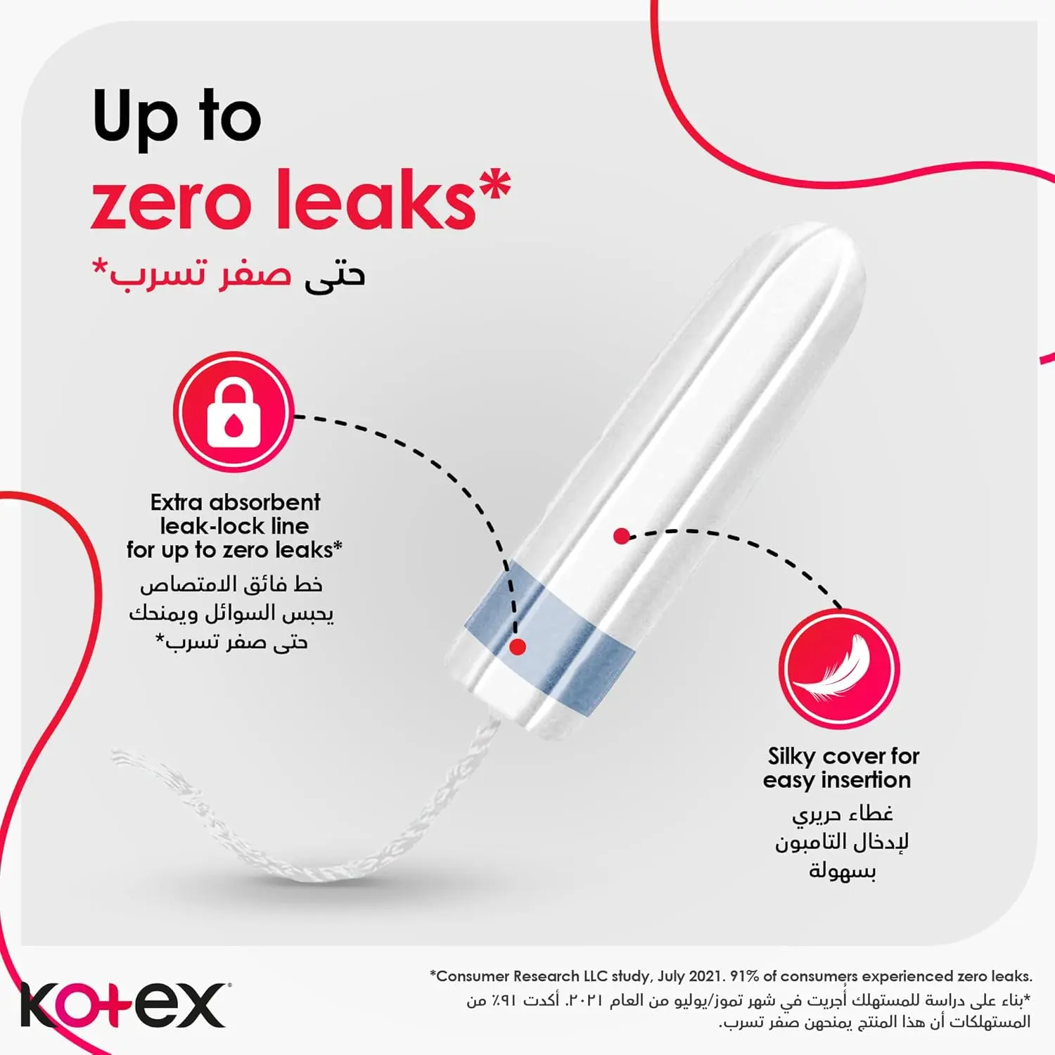 This image shows a package of Kotex Silky Cover Mini Tampons, offering convenient and reliable leak protection with a quick suction center.