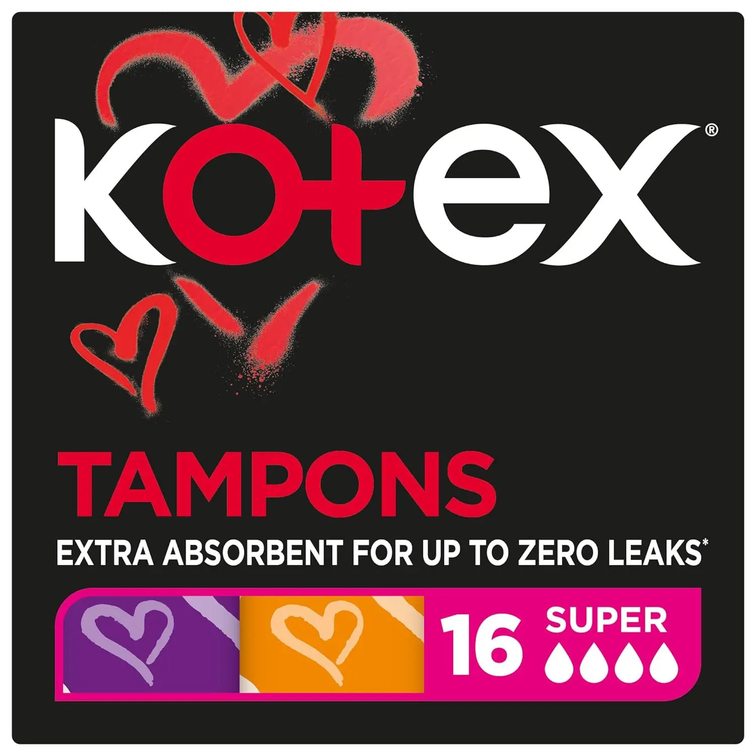 This image shows a pack of 16 Kotex Silky Cover Super tampons, offering convenient and improved leak protection with a quick suction center for confident use.