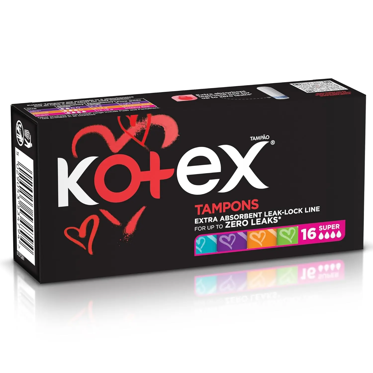 This image shows a pack of 16 Kotex Silky Cover Super tampons, offering convenient and improved leak protection with a quick suction center for confident use.