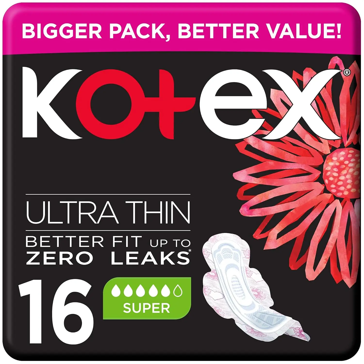 Kotex Ultra Thin Super Pads with wings provide discreet and comfortable protection for medium to heavy flow days and nights.