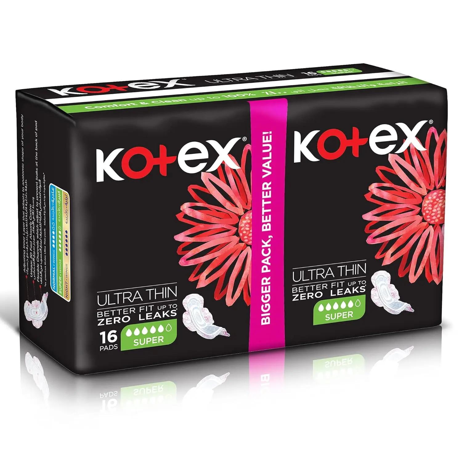 Kotex Ultra Thin Super Pads with wings provide discreet and comfortable protection for medium to heavy flow days and nights.