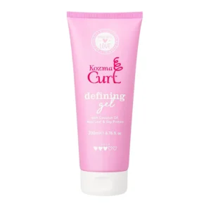 Kozma curl gel defines and styles all curl types while providing frizz and humidity protection with nourishing natural ingredients like aloe, soy protein, and coconut oil, and contains no silicones, parabens, or sulfates.