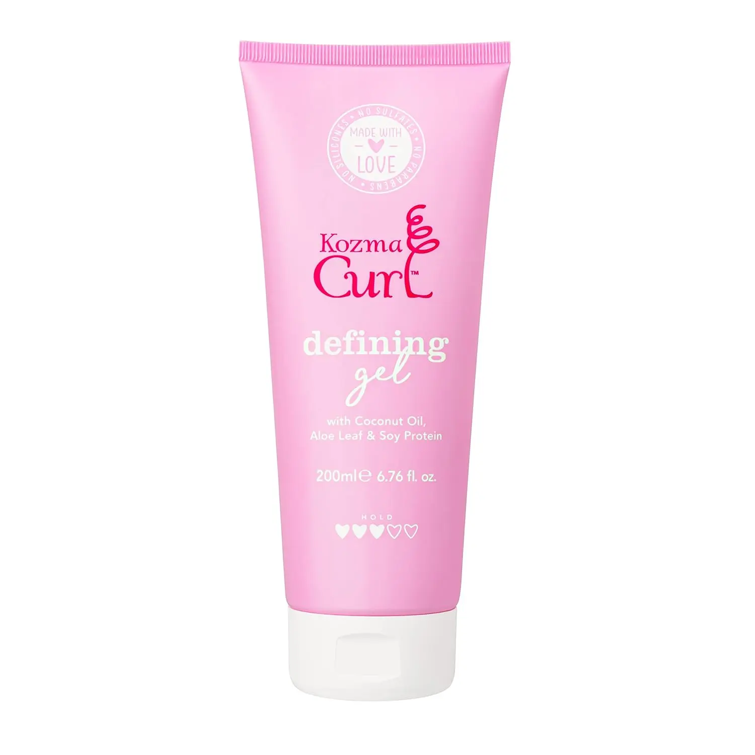 Kozma curl gel defines and styles all curl types while providing frizz and humidity protection with nourishing natural ingredients like aloe, soy protein, and coconut oil, and contains no silicones, parabens, or sulfates.