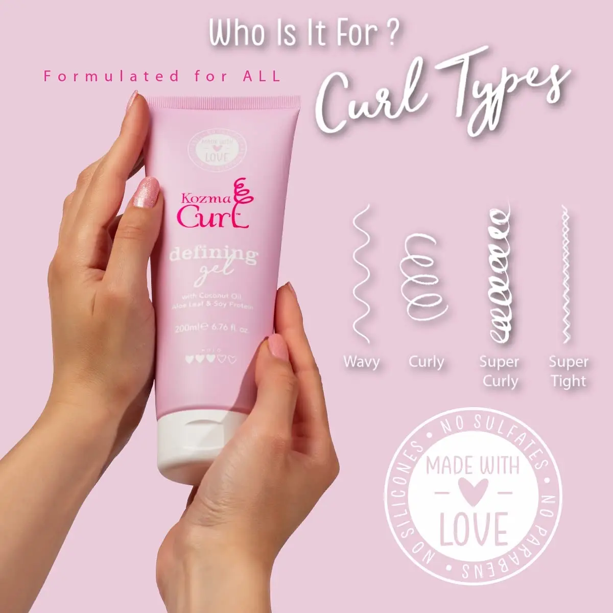 Kozma curl gel defines and styles all curl types while providing frizz and humidity protection with nourishing natural ingredients like aloe, soy protein, and coconut oil, and contains no silicones, parabens, or sulfates.