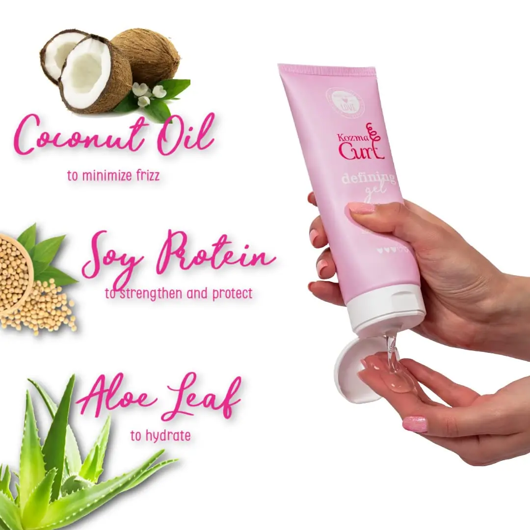 Kozma curl gel defines and styles all curl types while providing frizz and humidity protection with nourishing natural ingredients like aloe, soy protein, and coconut oil, and contains no silicones, parabens, or sulfates.