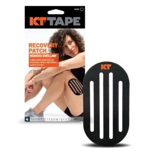 Black KT Tape Recovery+ patches designed to reduce swelling and inflammation for faster, drug-free pain relief and breathable, comfortable support.