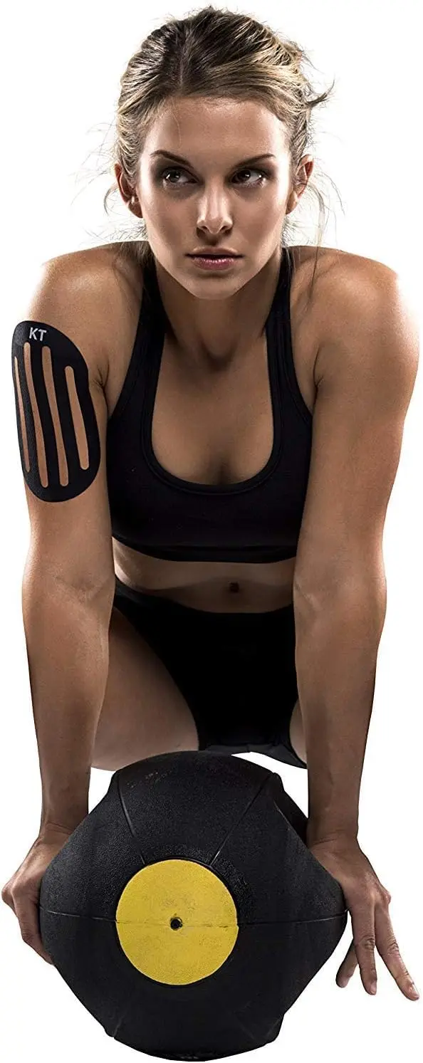 Black KT Tape Recovery+ patches designed to reduce swelling and inflammation for faster, drug-free pain relief and breathable, comfortable support.