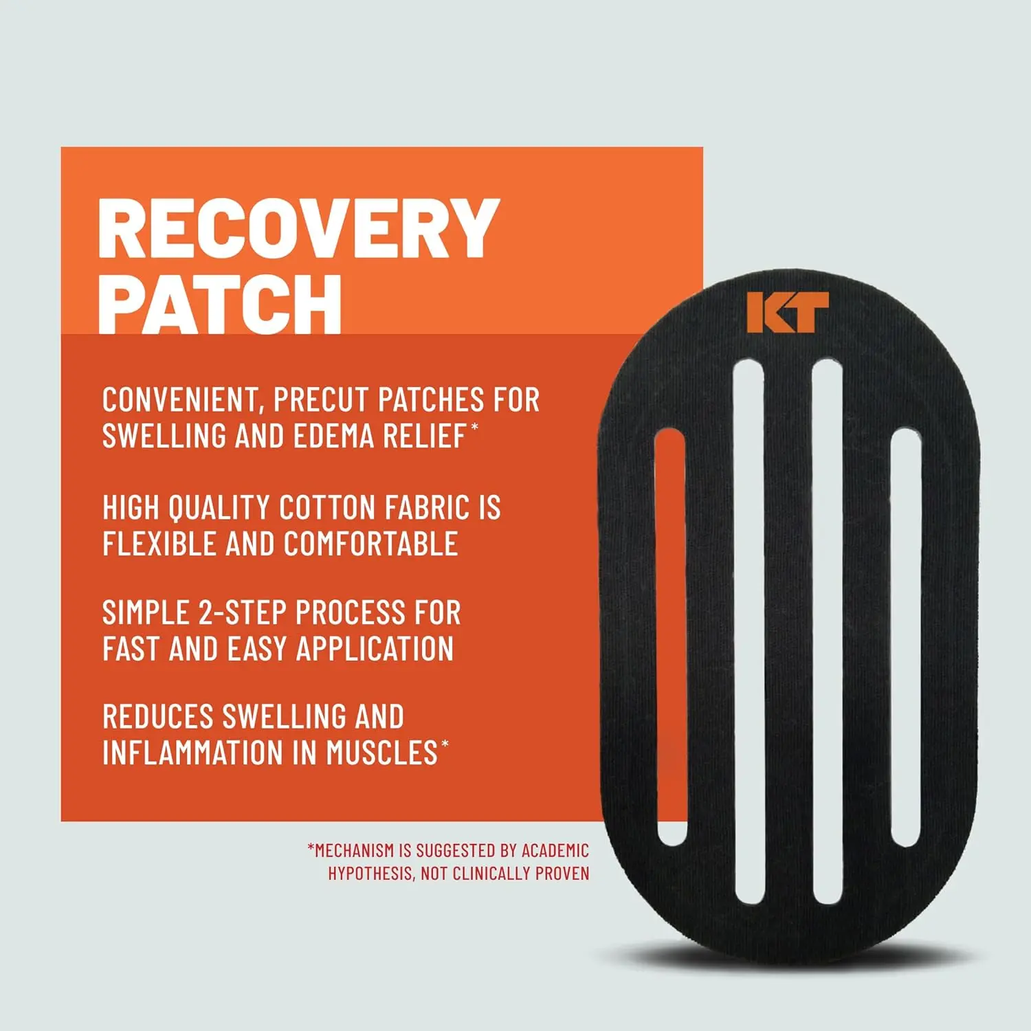 Black KT Tape Recovery+ patches designed to reduce swelling and inflammation for faster, drug-free pain relief and breathable, comfortable support.