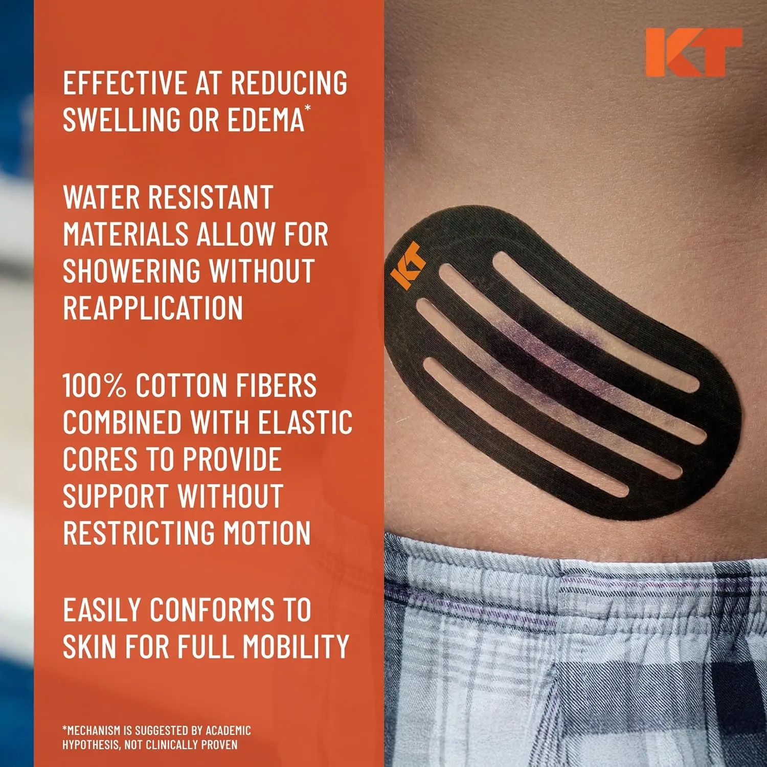 Black KT Tape Recovery+ patches designed to reduce swelling and inflammation for faster, drug-free pain relief and breathable, comfortable support.