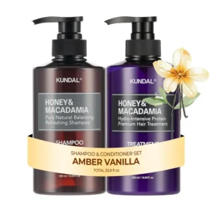 KUNDAL Korean argan oil shampoo and conditioner set with amber vanilla scent moisturizes and strengthens all hair types.