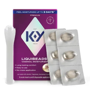 K-Y Liquibeads moisturizer shown with applicator, designed to supplement a woman's natural moisture for comfort and sex.