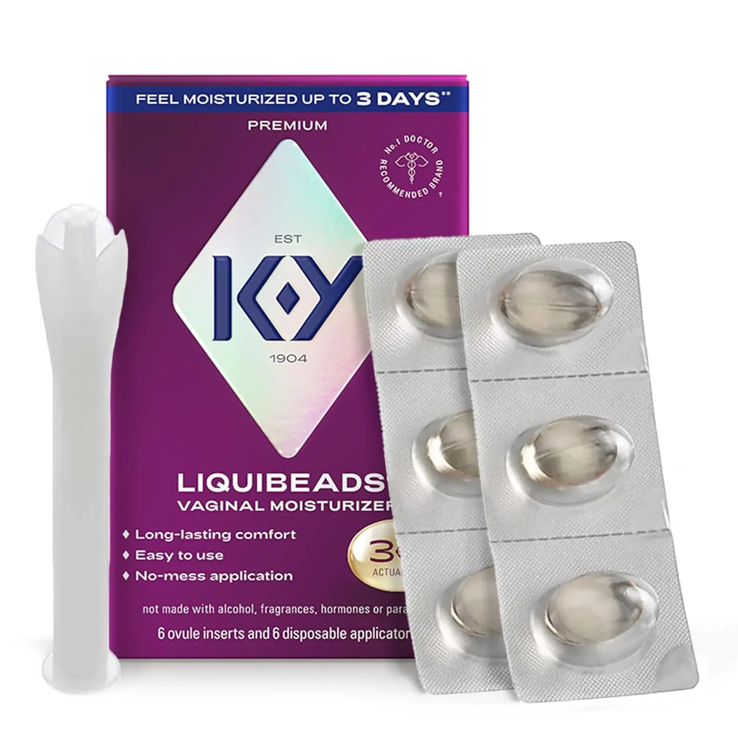 K-Y Liquibeads moisturizer shown with applicator, designed to supplement a woman's natural moisture for comfort and sex.