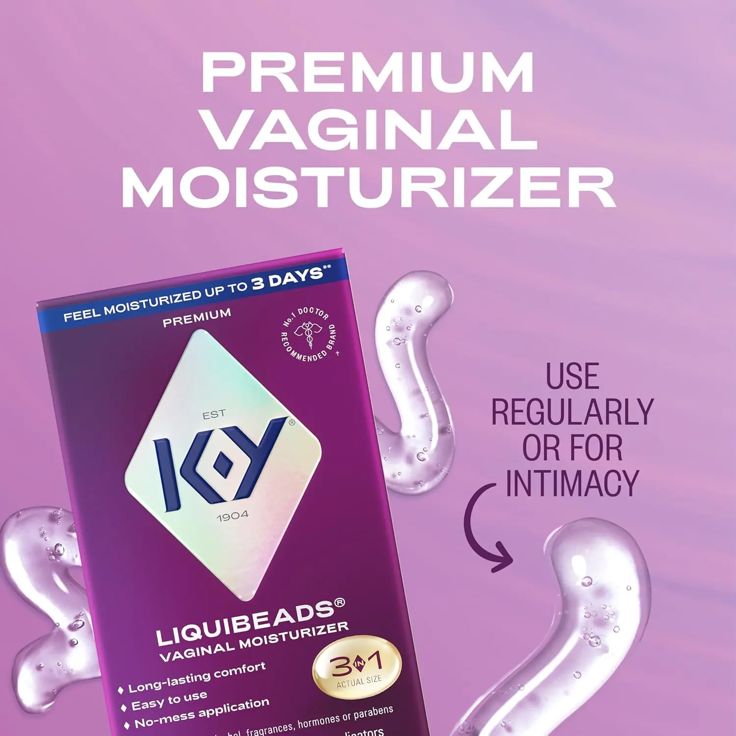 K-Y Liquibeads moisturizer shown with applicator, designed to supplement a woman's natural moisture for comfort and sex.