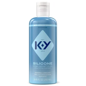 A bottle of K-Y Silicone Lube, a long-lasting personal lubricant that enhances pleasure and is compatible with condoms.