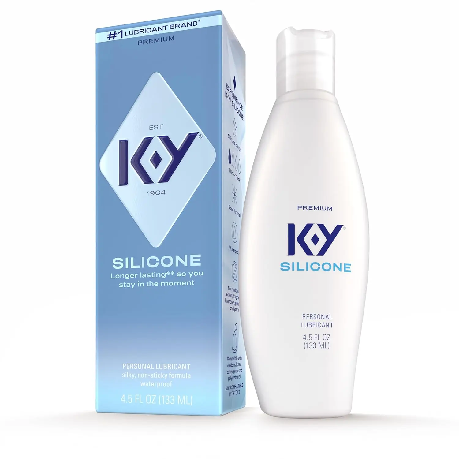 A bottle of K-Y True Feel silicone-based personal lubricant for enhanced pleasure and long-lasting intimate activity.