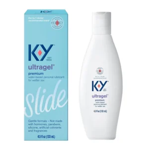 A bottle of K-Y UltraGel water-based lubricant, safe for use with latex condoms and sex toys, providing a smooth and comfortable experience.