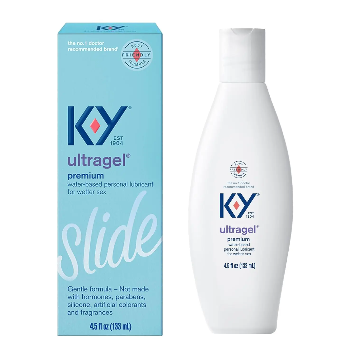 A bottle of K-Y UltraGel water-based lubricant, safe for use with latex condoms and sex toys, providing a smooth and comfortable experience.