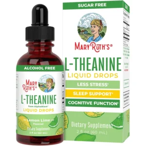 MaryRuth Organics L-Theanine liquid drops offer stress relief and enhanced focus for adults and kids, featuring a vegan, non-GMO formula with a lemon-lime flavor.