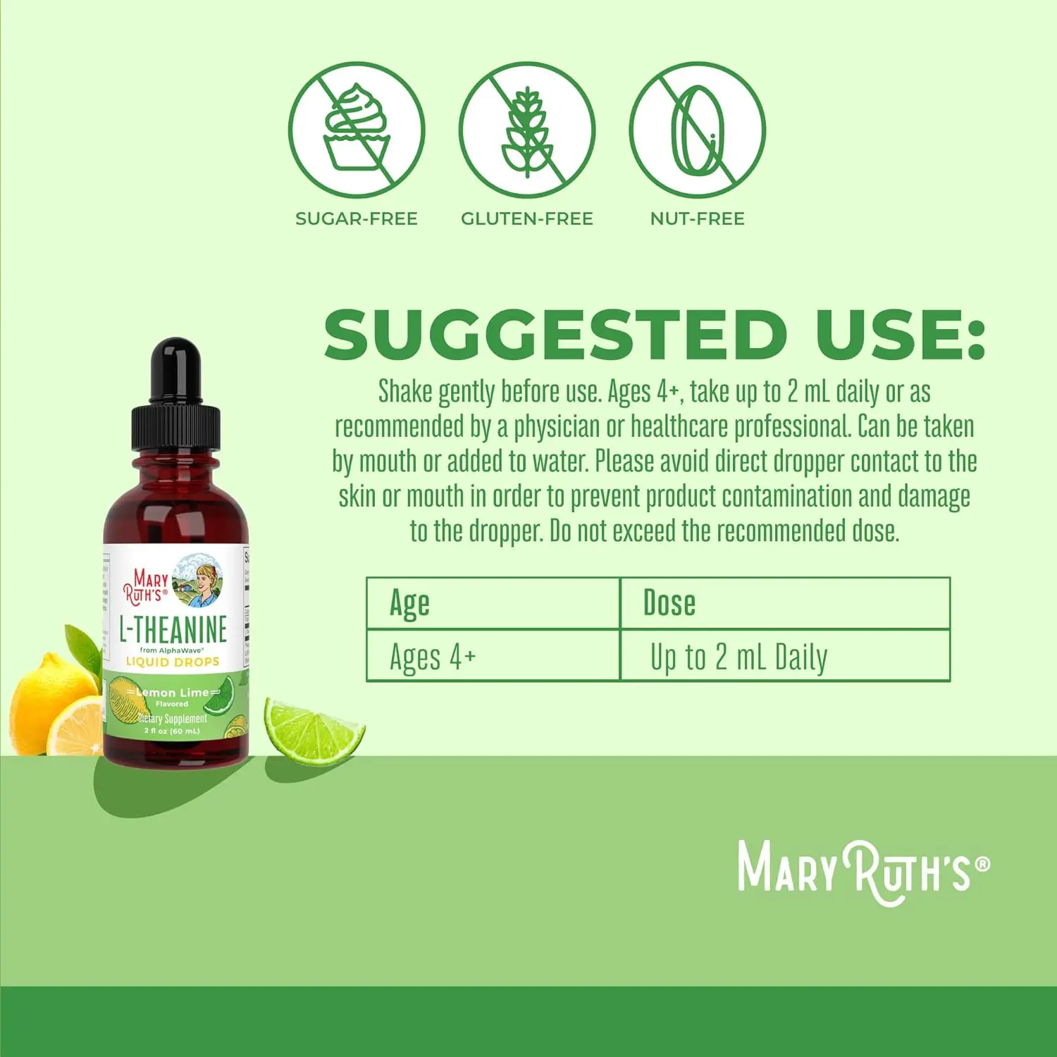MaryRuth Organics L-Theanine liquid drops offer stress relief and enhanced focus for adults and kids, featuring a vegan, non-GMO formula with a lemon-lime flavor.