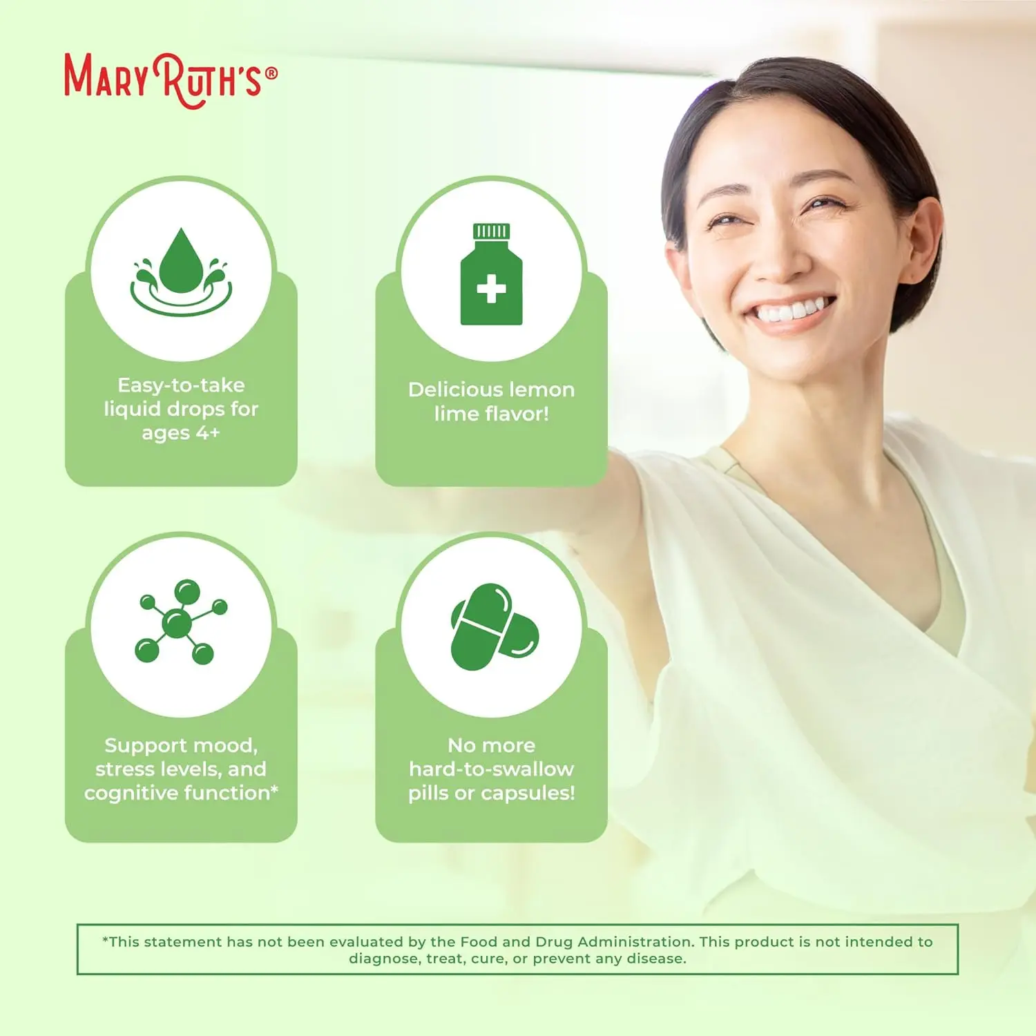 MaryRuth Organics L-Theanine liquid drops offer stress relief and enhanced focus for adults and kids, featuring a vegan, non-GMO formula with a lemon-lime flavor.