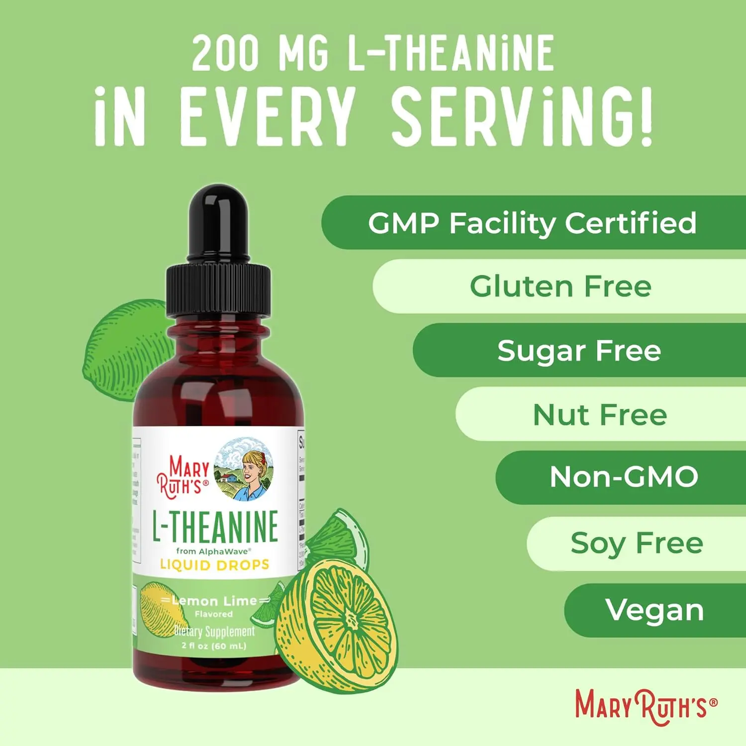 MaryRuth Organics L-Theanine liquid drops offer stress relief and enhanced focus for adults and kids, featuring a vegan, non-GMO formula with a lemon-lime flavor.
