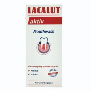 Lacalut Aktiv mouthwash in a 300ml bottle, for gum protection and oral hygiene.