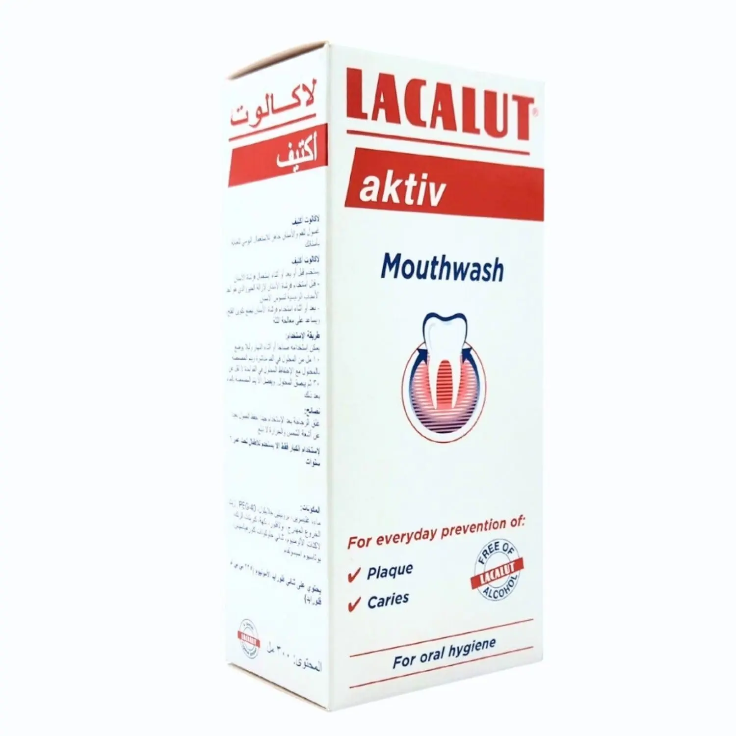 Lacalut Aktiv mouthwash in a 300ml bottle, for gum protection and oral hygiene.