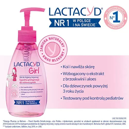 Lactacyd Girl intimate hygiene wash with natural L-lactic acid, peach and aloe vera extract provides gentle and moisturizing daily care for girls' sensitive skin, tested by pediatricians.