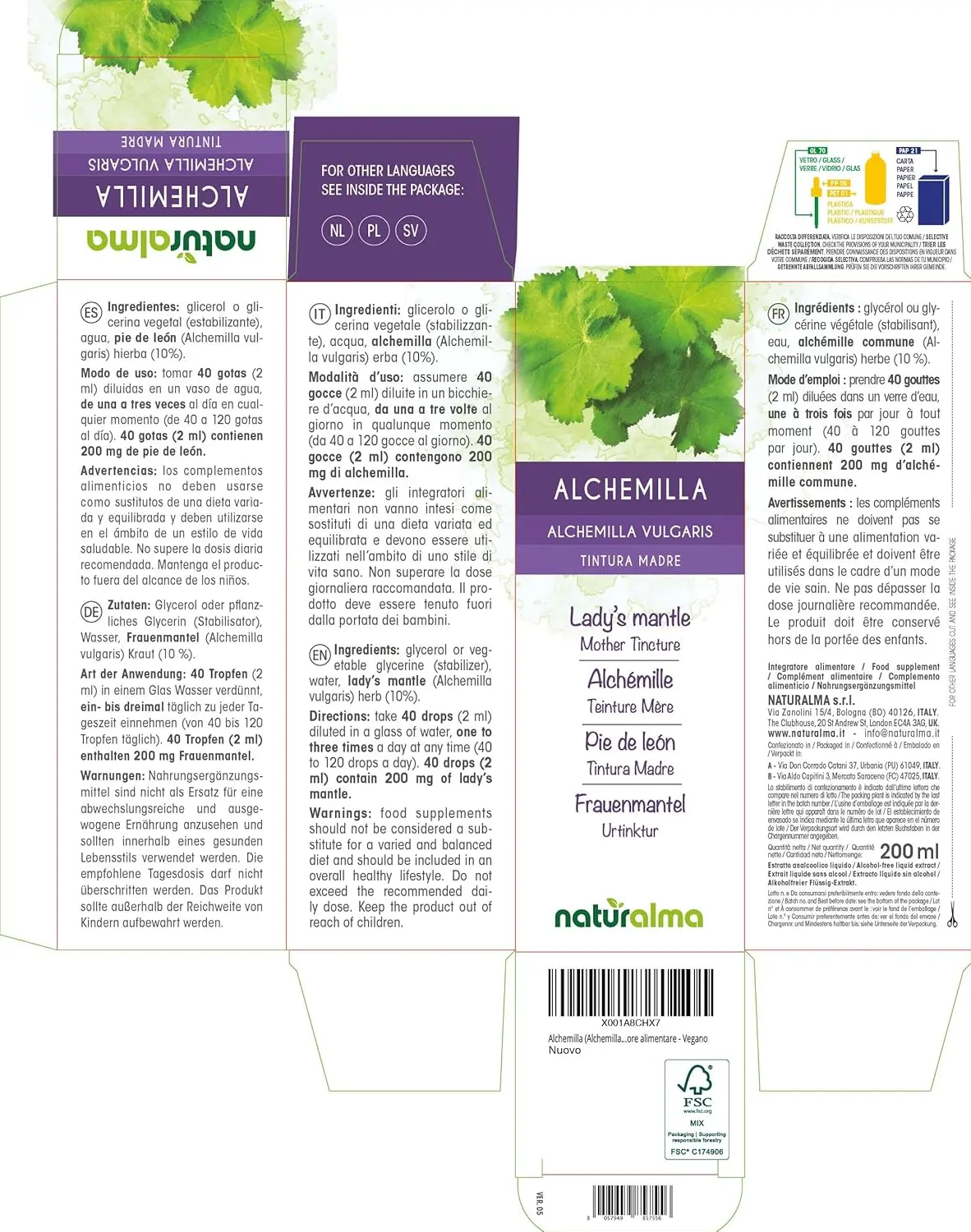 Bottle of Lady's Mantle (Alchemilla vulgaris) alcohol-free liquid extract drops by Naturalma, a vegan food supplement made in Italy.