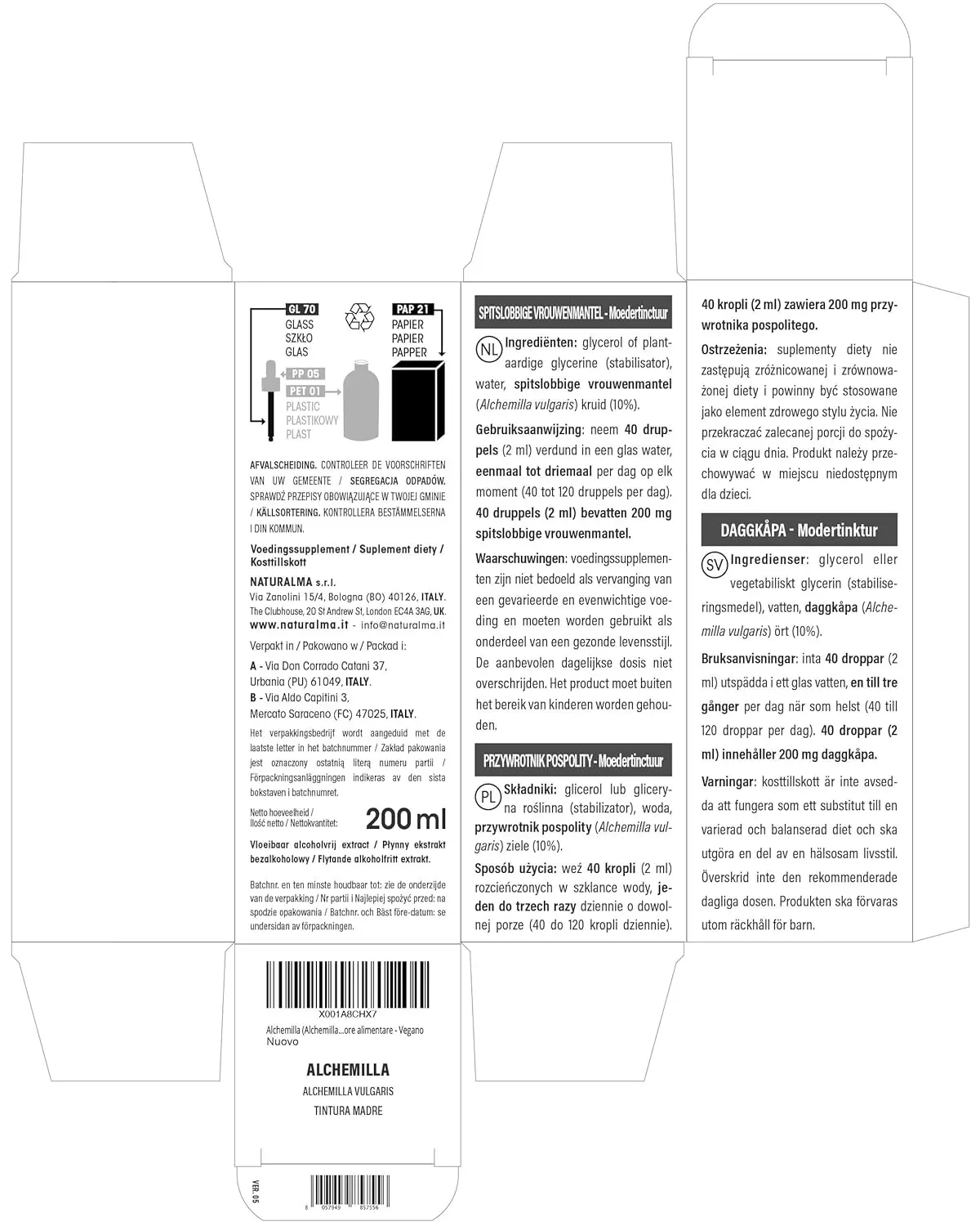 Bottle of Lady's Mantle (Alchemilla vulgaris) alcohol-free liquid extract drops by Naturalma, a vegan food supplement made in Italy.