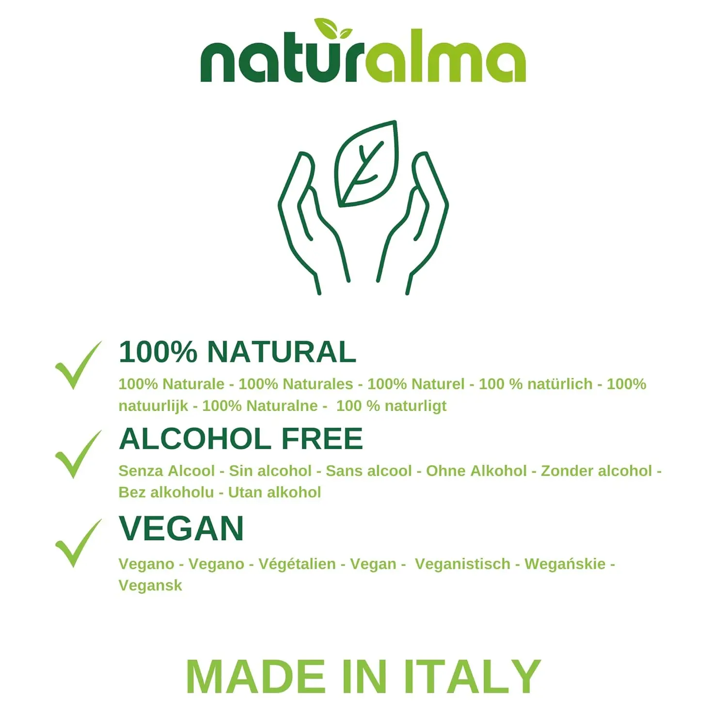 Bottle of Lady's Mantle (Alchemilla vulgaris) alcohol-free liquid extract drops by Naturalma, a vegan food supplement made in Italy.