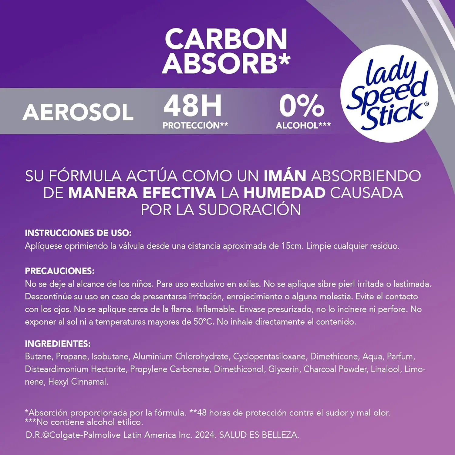 Lady Speed Stick Carbon Absorb antiperspirant deodorant spray provides 72-hour odor protection with activated charcoal and a 0% alcohol formula.