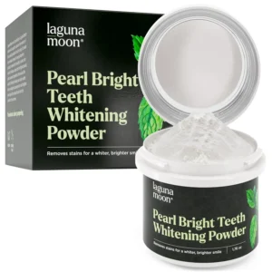 Lagunamoon teeth whitening powder gently cleans teeth and gums, removes surface stains, and freshens breath with spearmint.