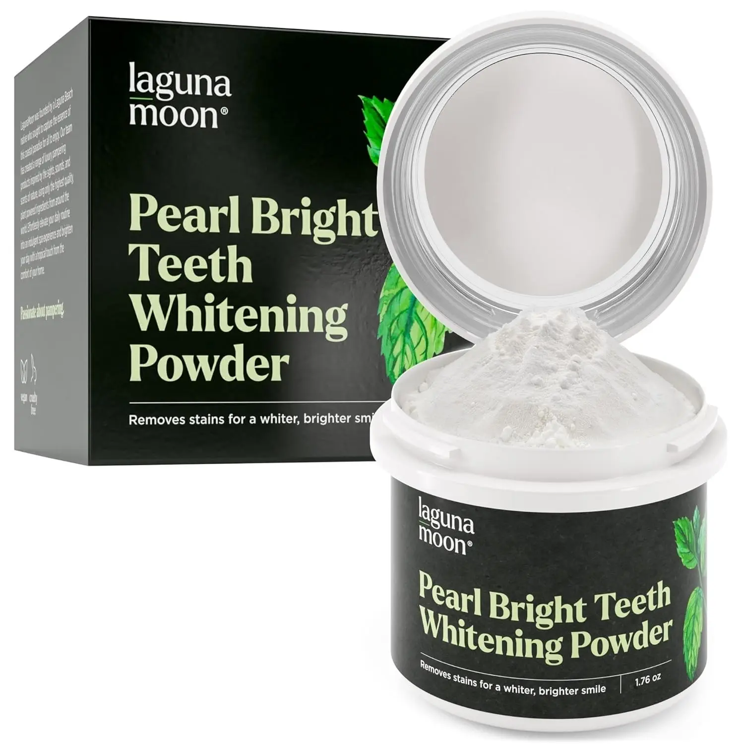 Lagunamoon teeth whitening powder gently cleans teeth and gums, removes surface stains, and freshens breath with spearmint.