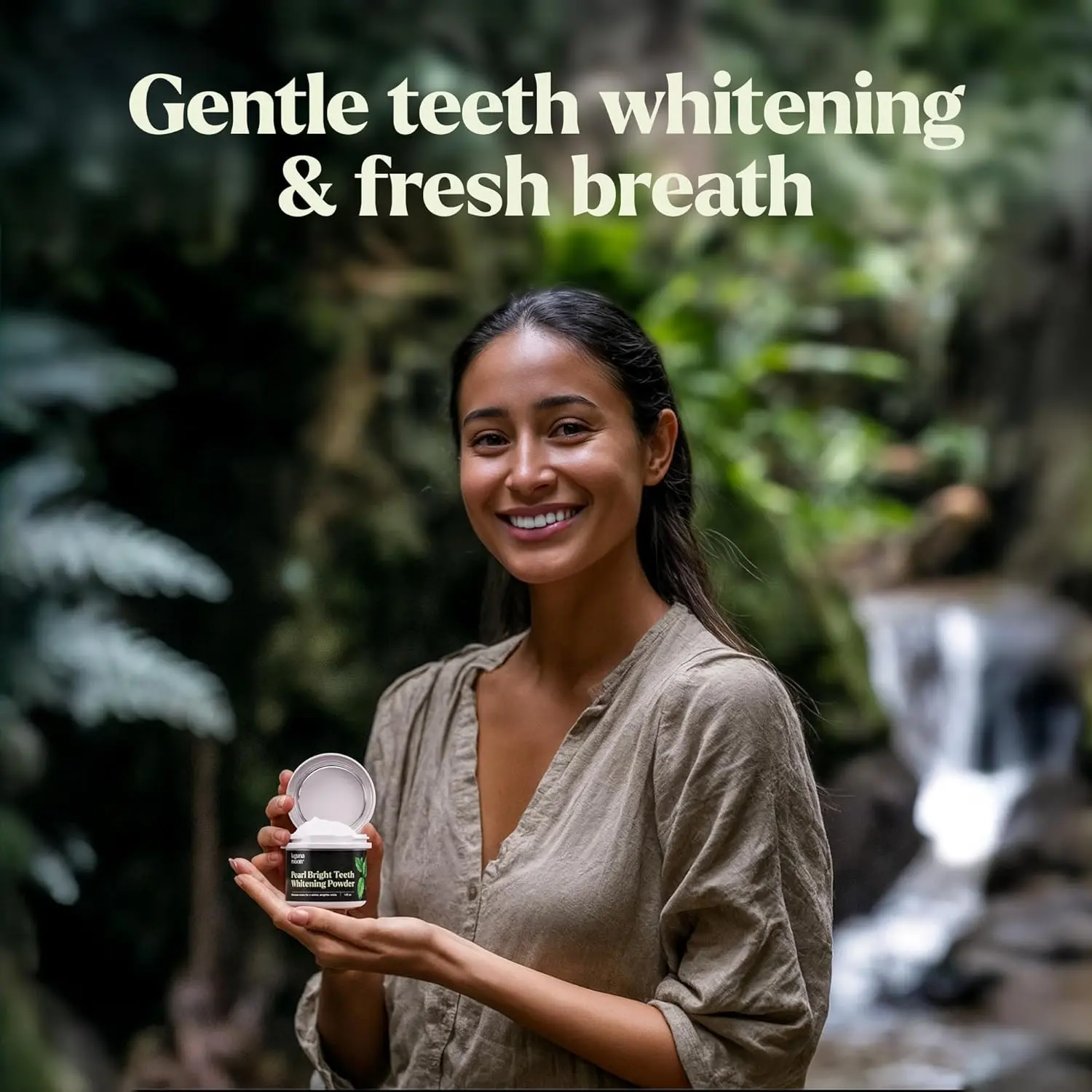 Lagunamoon teeth whitening powder gently cleans teeth and gums, removes surface stains, and freshens breath with spearmint.