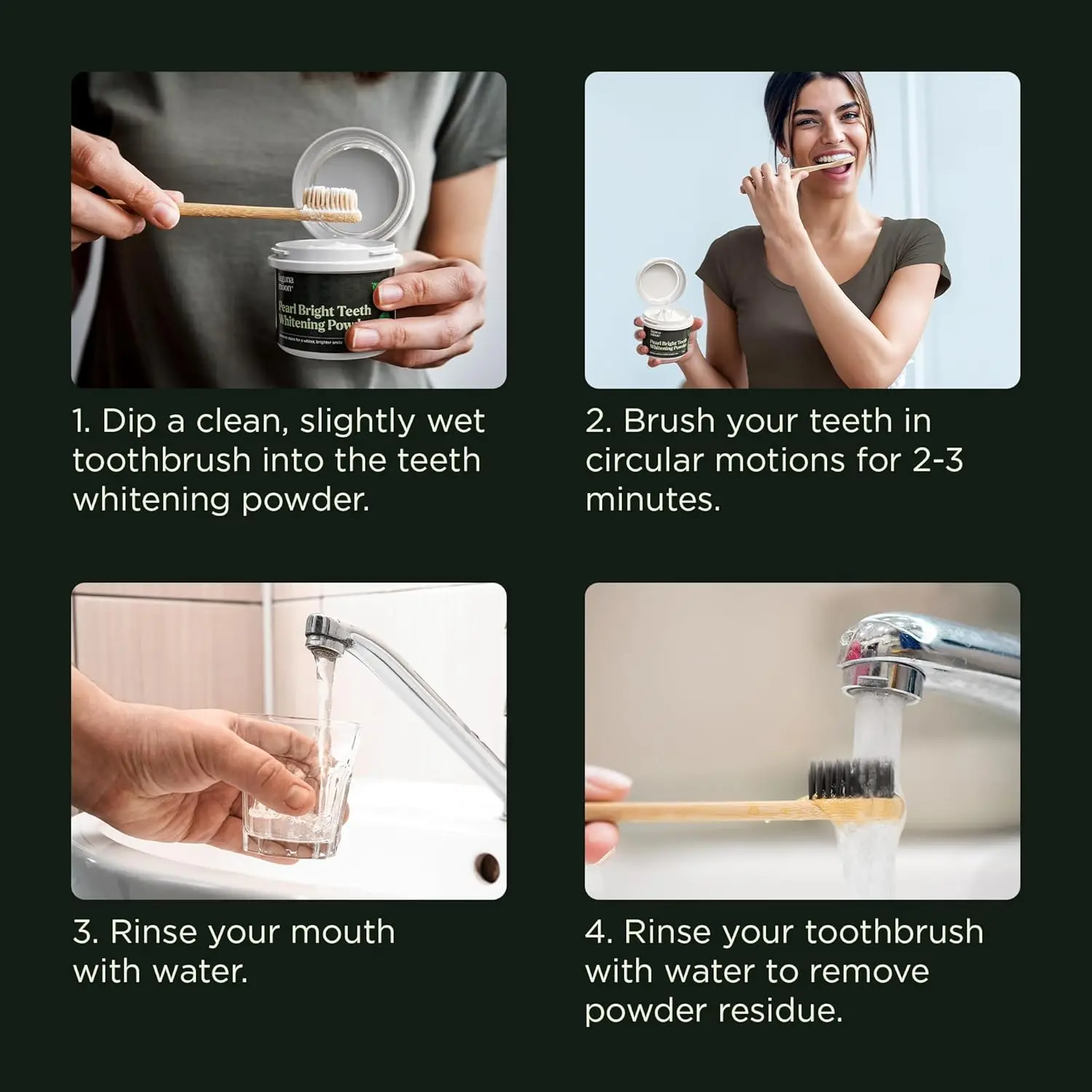 Lagunamoon teeth whitening powder gently cleans teeth and gums, removes surface stains, and freshens breath with spearmint.