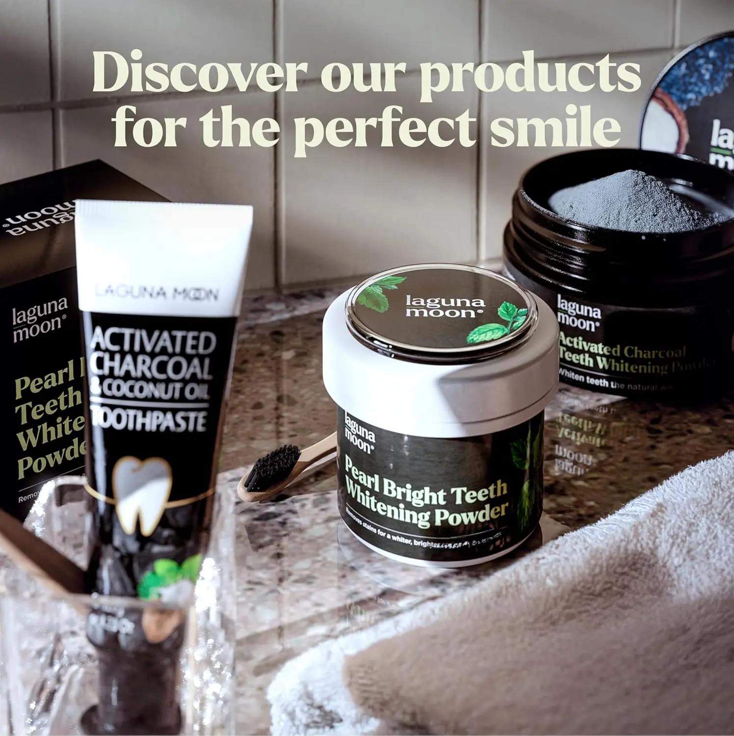 Lagunamoon teeth whitening powder gently cleans teeth and gums, removes surface stains, and freshens breath with spearmint.