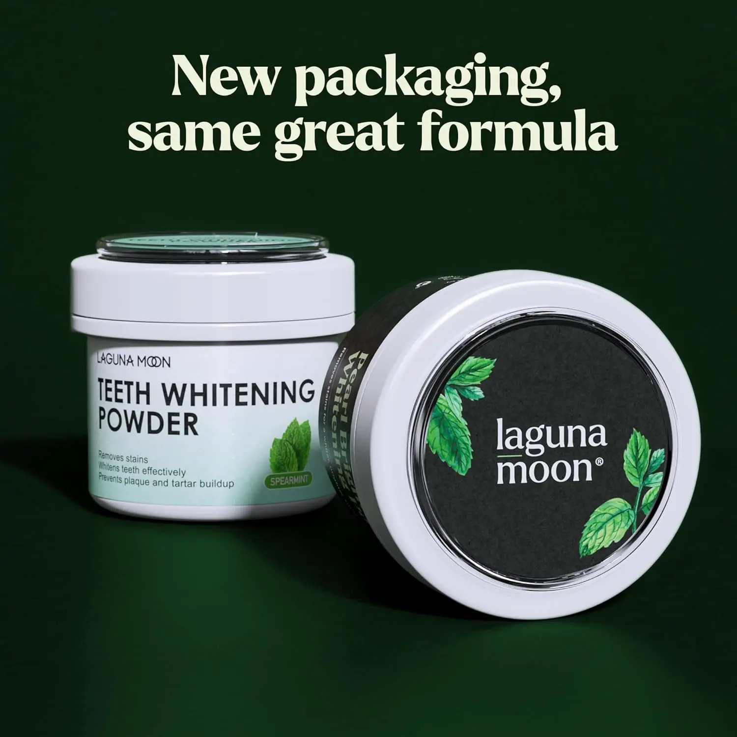 Lagunamoon teeth whitening powder gently cleans teeth and gums, removes surface stains, and freshens breath with spearmint.