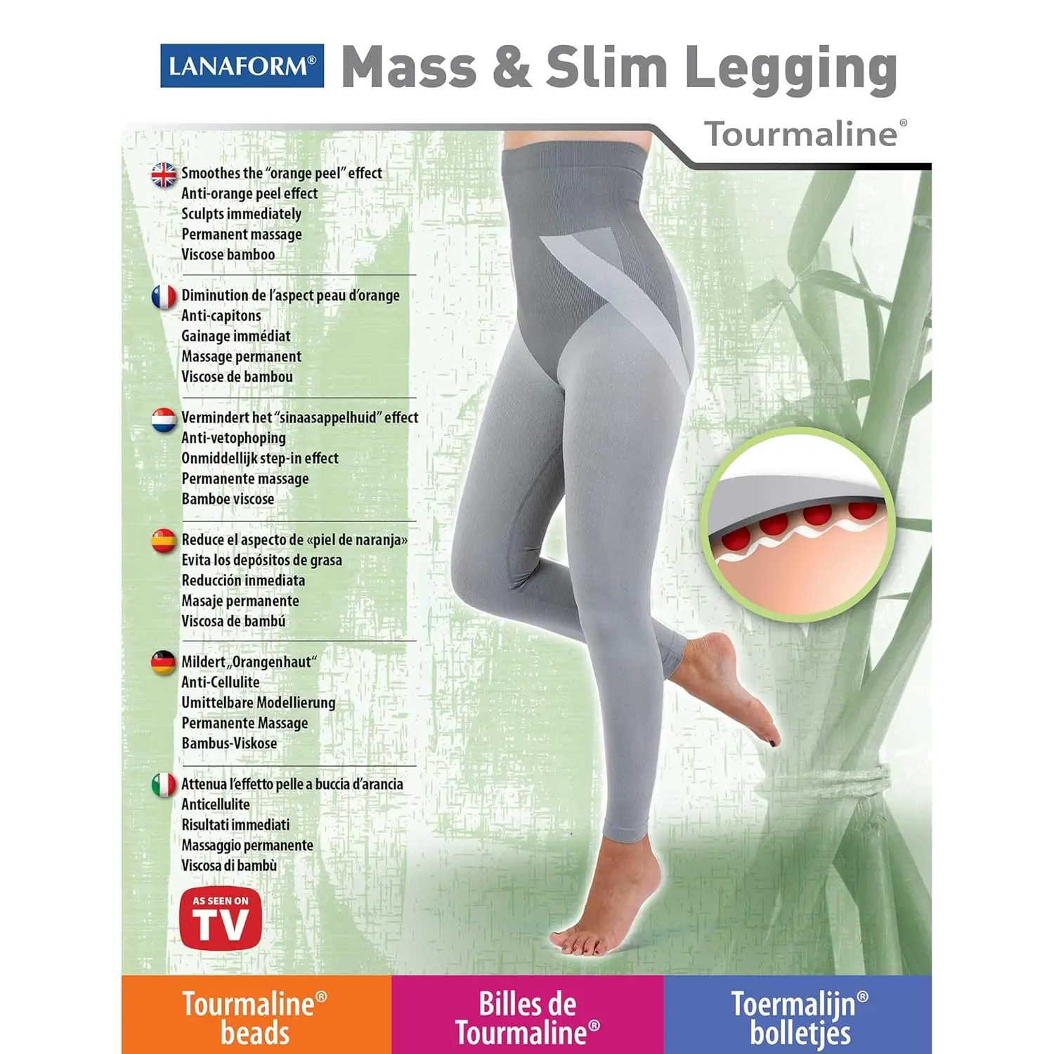 Lanaform slimming leggings with tourmaline beads designed to reduce cellulite on thighs, hips, and stomach.