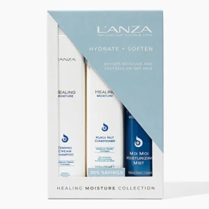 L'ANZA Healing Moisture Trio hair care set with Tamanu Cream Shampoo, Kukui Nut Conditioner and Moi Moi Moisturizing Mist Hairspray in a gift box.