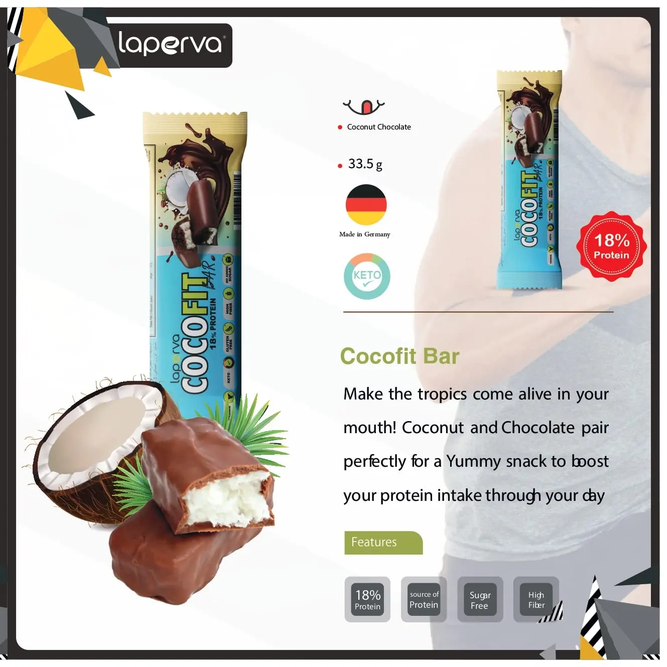 A single Laperva Coco Fit protein bar, a nutritious and keto-friendly snack with high protein and fiber, perfect for supporting energy and muscle growth while being low in sugar, gluten-free, and cholesterol-free.